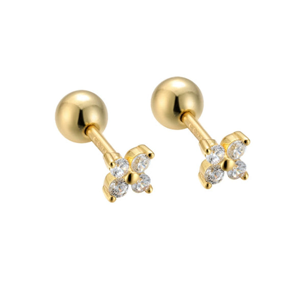 925 Sterling Silver Four Leaf Clover Flower Earrings With Diamond Accent And Gold Plated Finish Simple Women's Stud Earrings