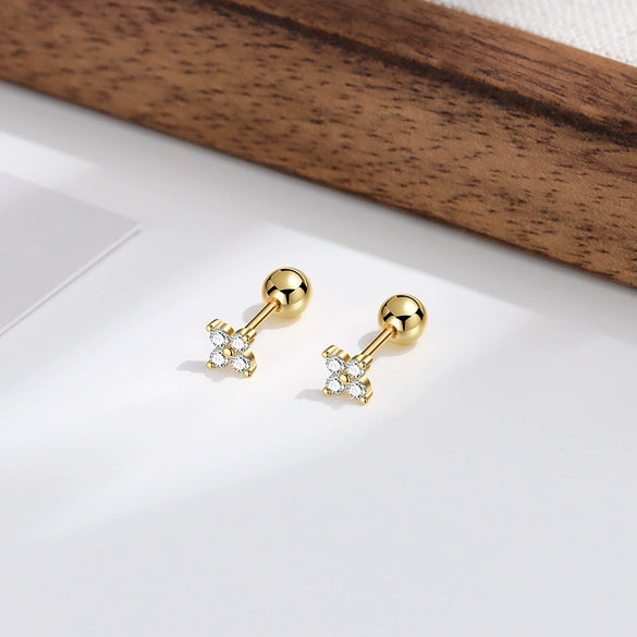 925 Sterling Silver Four Leaf Clover Flower Earrings With Diamond Accent And Gold Plated Finish Simple Women's Stud Earrings