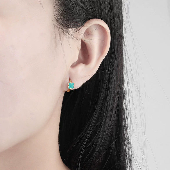 925 Sterling Silver Four Leaf Geometric Ear Buckle Earrings For Women With Enamel Finish And Electroplated Craftsmanship