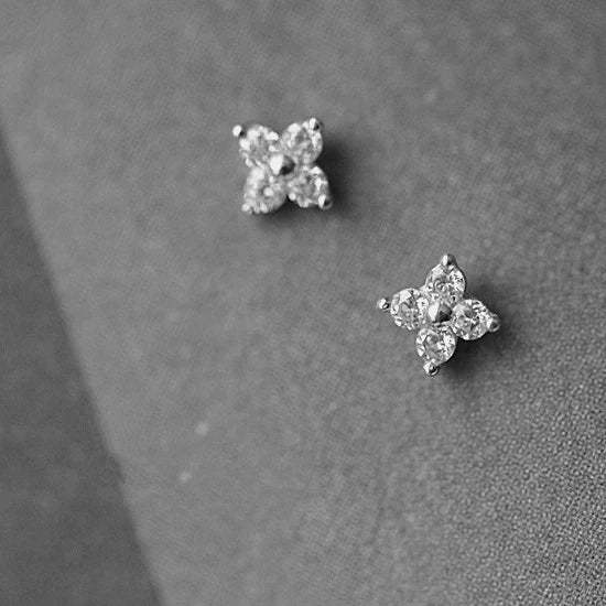 Sterling Silver Fourleaf Clover Flower Shape Earrings For Women 14K Goldplated With Fourdiamond Zircon