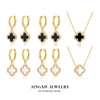 925 Sterling Silver Fourleaf Clover Necklace And Earrings Set Inlaid With Black Agate And Shell Marine Life Pattern Inlay Processing For Women