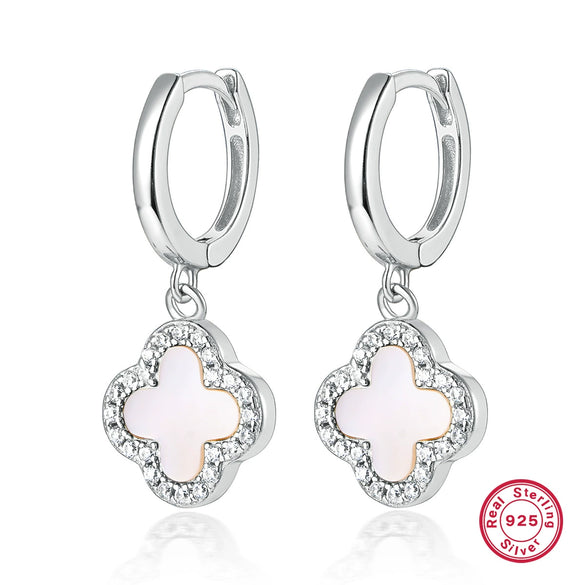 925 Sterling Silver Fourleaf Clover Necklace And Earrings Set Inlaid With Black Agate And Shell Marine Life Pattern Inlay Processing For Women