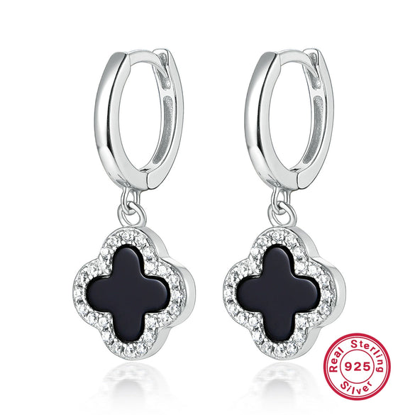 925 Sterling Silver Fourleaf Clover Necklace And Earrings Set Inlaid With Black Agate And Shell Marine Life Pattern Inlay Processing For Women