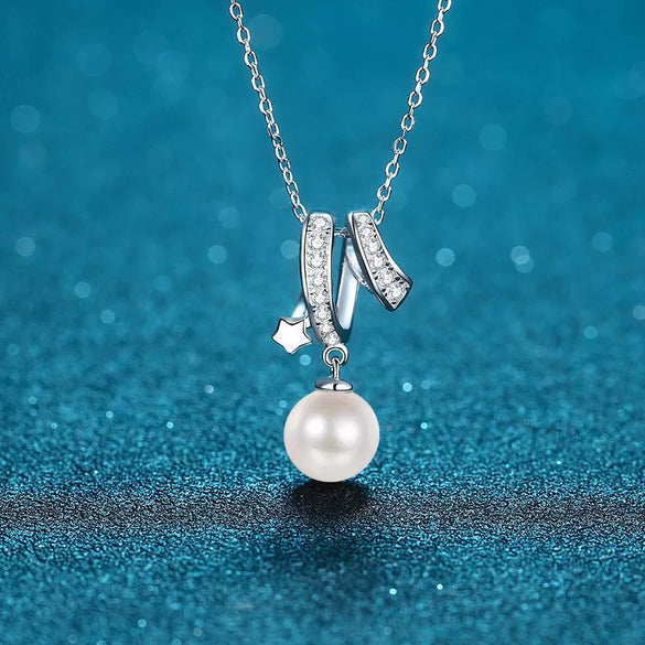925 Sterling Silver Freshwater Pearl And Moissanite Necklace For Women With Cross Chain Electroplated Floral Constellation Style