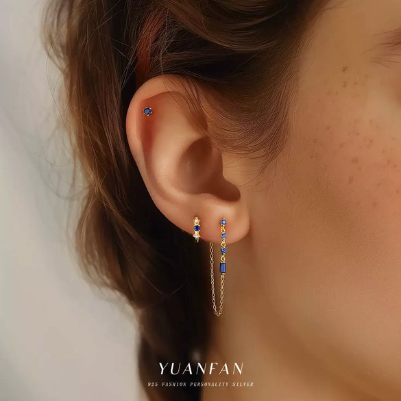 Sterling Silver Geometric Blue Zirconium Minimalist Women's Earrings With French Tassel
