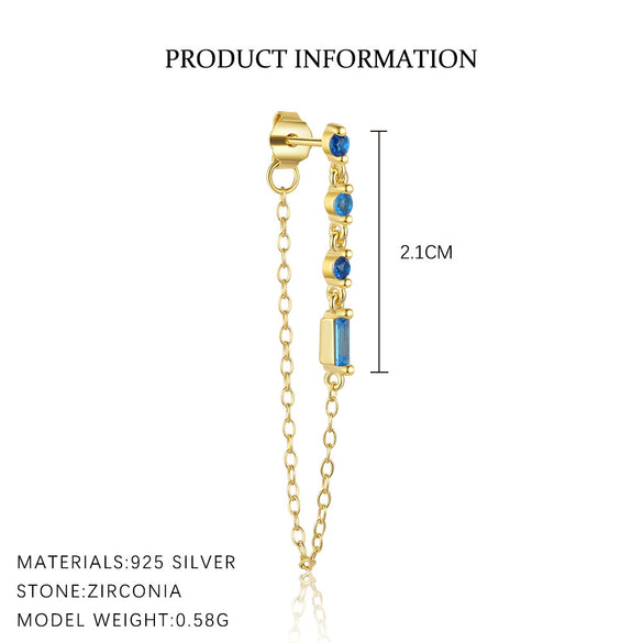 Sterling Silver Geometric Blue Zirconium Minimalist Women's Earrings With French Tassel