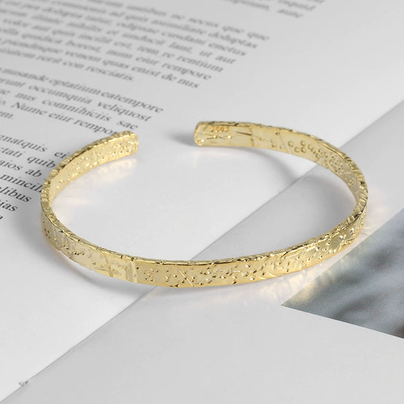 925 Sterling Silver Geometric Bracelet For Women With Irregular Convex Gold Foil Pattern Electroplated Natural Style Jewelry