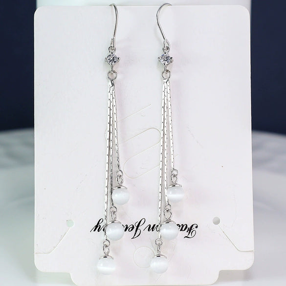 925 Sterling Silver Geometric Cat's Eye Tassel Ear Line Earrings For Women Elegant Long Dangle Niche Design