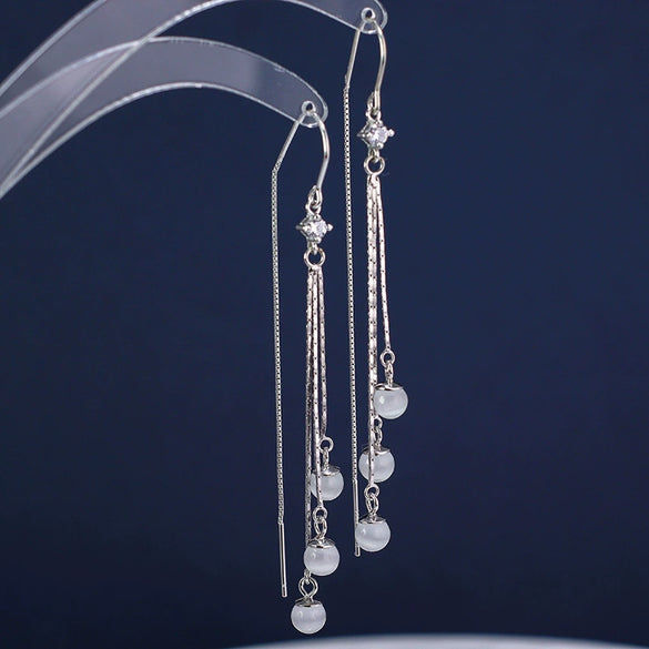 925 Sterling Silver Geometric Cat's Eye Tassel Ear Line Earrings For Women Elegant Long Dangle Niche Design