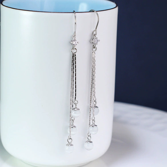 925 Sterling Silver Geometric Cat's Eye Tassel Ear Line Earrings For Women Elegant Long Dangle Niche Design