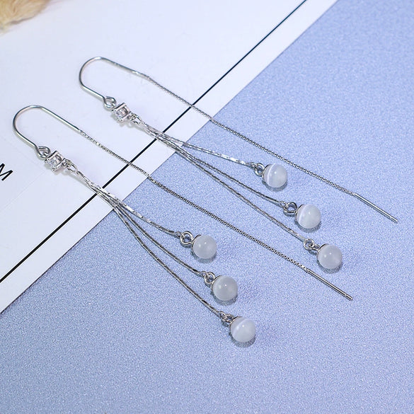 925 Sterling Silver Geometric Cat's Eye Tassel Ear Line Earrings For Women Elegant Long Dangle Niche Design