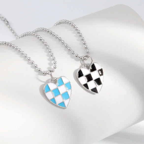 Sterling Silver Geometric Chessboard Heart Pendant Necklace For Women Minimalist Sweater Chain With Niche Design