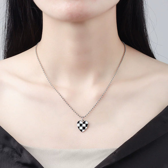 Sterling Silver Geometric Chessboard Heart Pendant Necklace For Women Minimalist Sweater Chain With Niche Design