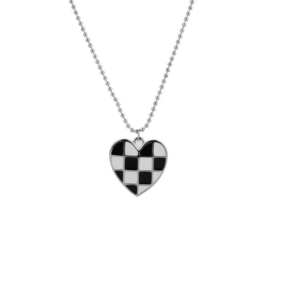 Sterling Silver Geometric Chessboard Heart Pendant Necklace For Women Minimalist Sweater Chain With Niche Design
