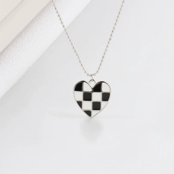 Sterling Silver Geometric Chessboard Heart Pendant Necklace For Women Minimalist Sweater Chain With Niche Design