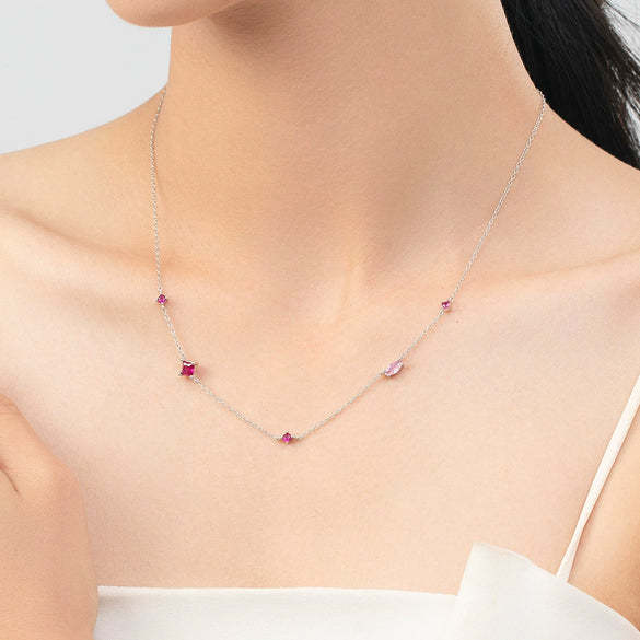 Sterling Silver Geometric Diamond Pigeon Blood Zircon Necklace For Women
