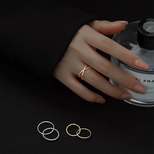 925 Sterling Silver Geometric Double Band Twist Ring With Electroplated Finish Unisex Artistic Handmade Style