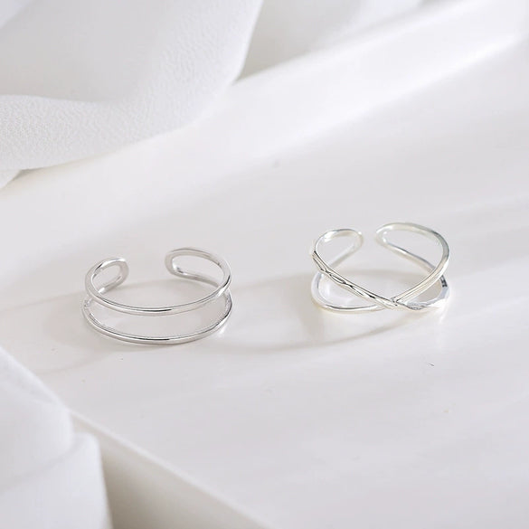 Sterling Silver Geometric Doubleband Open Ring For Women With Adjustable Fit And Electroplated Finish