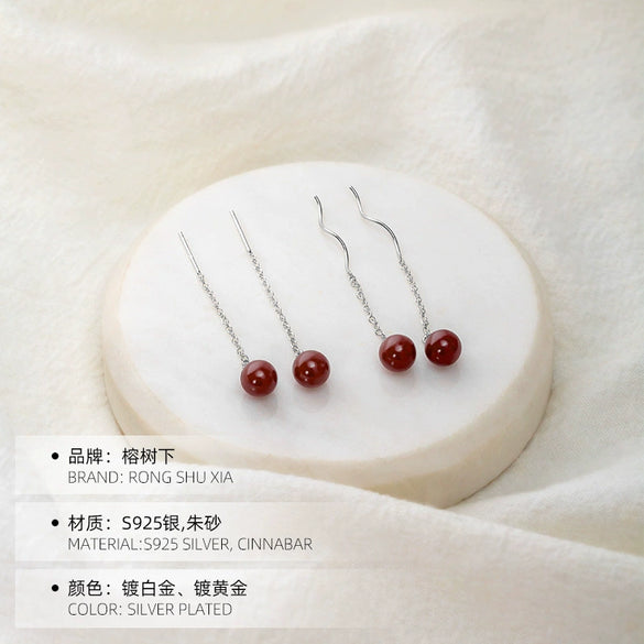 925 Sterling Silver Geometric Ear Threader Earrings With Natural Cinnabar And Curved Retro Design