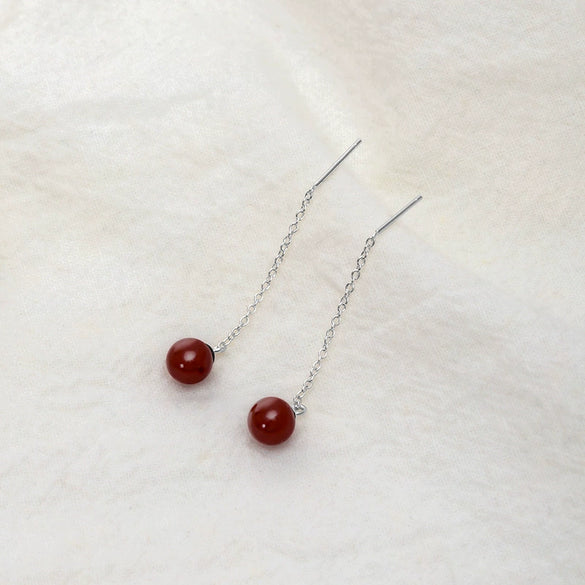 925 Sterling Silver Geometric Ear Threader Earrings With Natural Cinnabar And Curved Retro Design