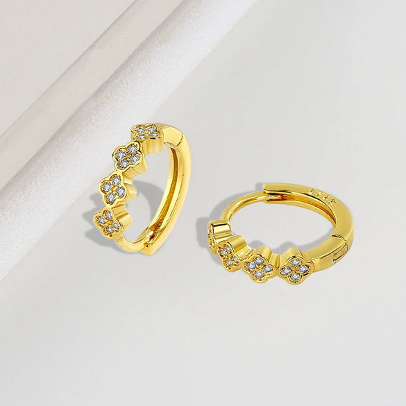 925 Sterling Silver Geometric Four Leaf Clover Zircon Ear Buckle Earrings For Women Simple Electroplated Style