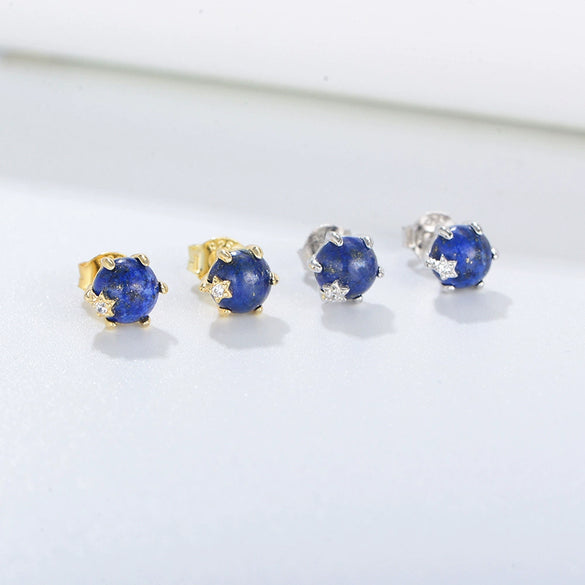 Sterling Silver 925 Geometric Lapis Laurel Bead Sixclaw Set With Precious Stones Women's Earrings