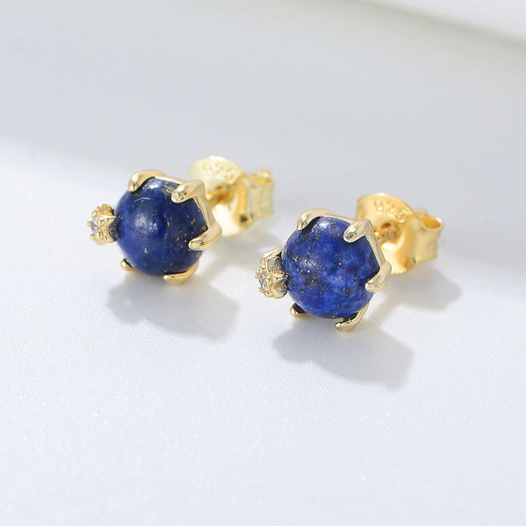 Sterling Silver 925 Geometric Lapis Laurel Bead Sixclaw Set With Precious Stones Women's Earrings