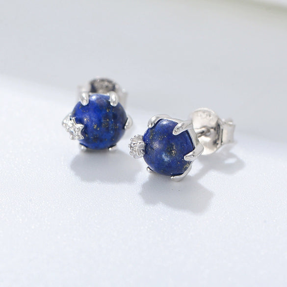 Sterling Silver 925 Geometric Lapis Laurel Bead Sixclaw Set With Precious Stones Women's Earrings