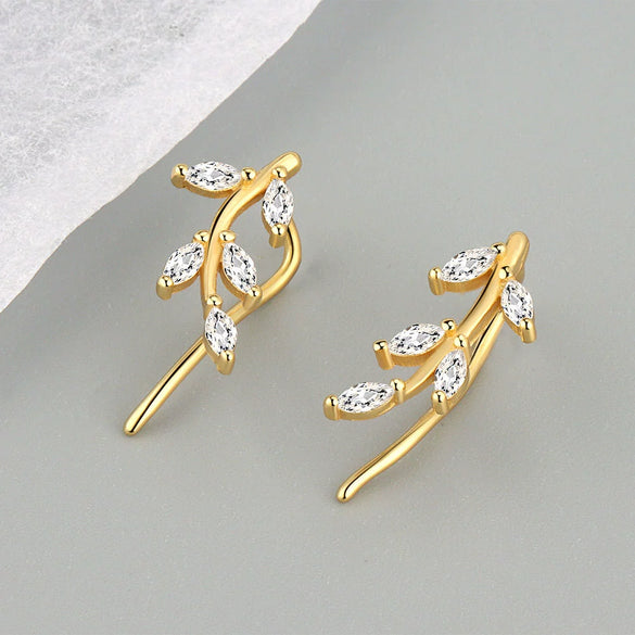 925 Sterling Silver Geometric Leaf And Marquise Cut Stone Stud Earrings For Women Electroplated Minimalist Jewelry