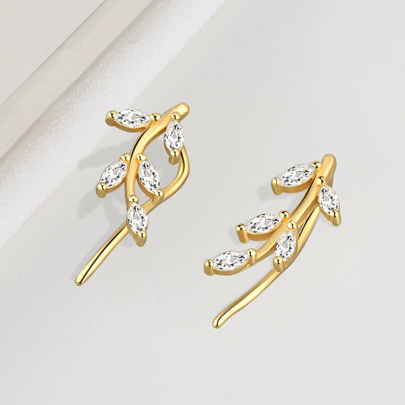 925 Sterling Silver Geometric Leaf And Marquise Cut Stone Stud Earrings For Women Electroplated Minimalist Jewelry