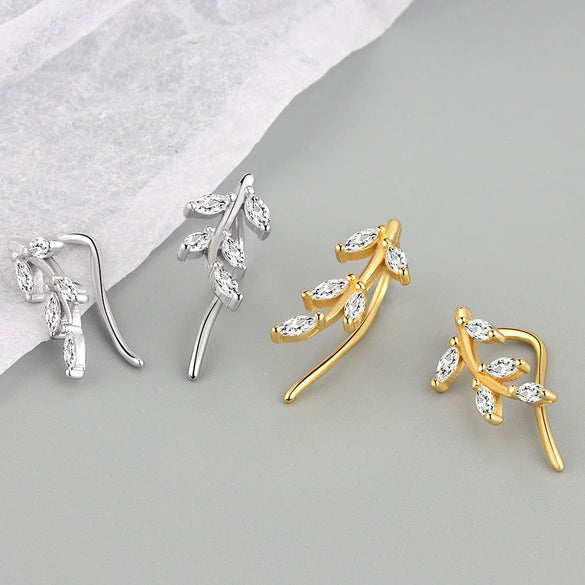925 Sterling Silver Geometric Leaf And Marquise Cut Stone Stud Earrings For Women Electroplated Minimalist Jewelry