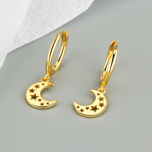 925 Sterling Silver Geometric Moon And Hollow Star Earrings For Women With Electroplated Light Luxury Metal Style