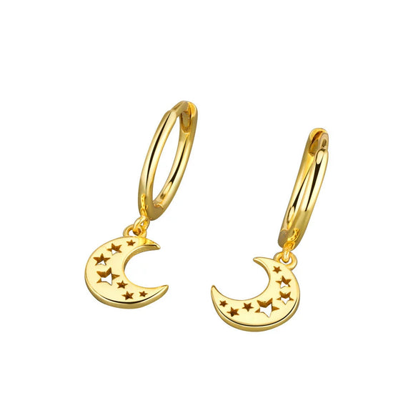 925 Sterling Silver Geometric Moon And Hollow Star Earrings For Women With Electroplated Light Luxury Metal Style
