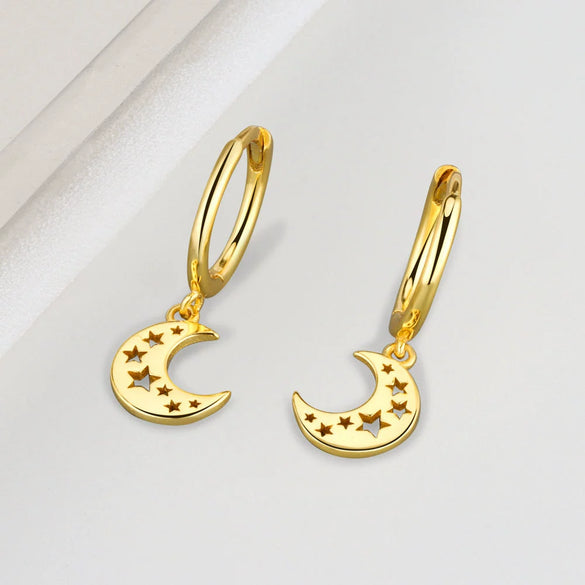 925 Sterling Silver Geometric Moon And Hollow Star Earrings For Women With Electroplated Light Luxury Metal Style
