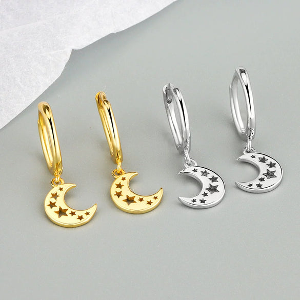 925 Sterling Silver Geometric Moon And Hollow Star Earrings For Women With Electroplated Light Luxury Metal Style