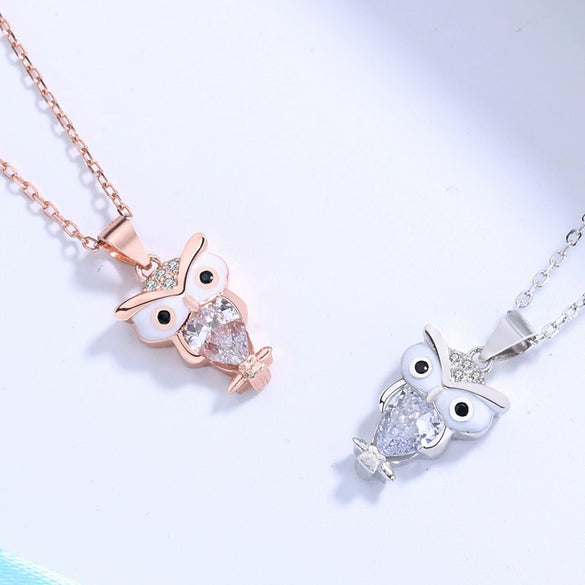 925 Sterling Silver Geometric Owl Pendant Necklace With Mixed Gem Inlay Elegant Simple Collarbone Chain For Women