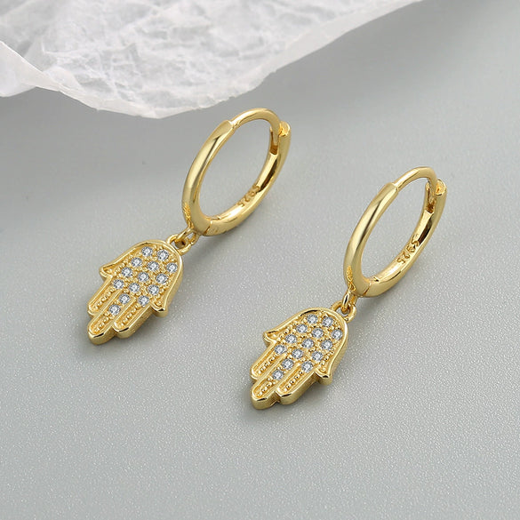 925 Sterling Silver Geometric Palm Drop Earrings With Gold Tone Electroplated Finish And Diamond Accent Ear Buckle Style