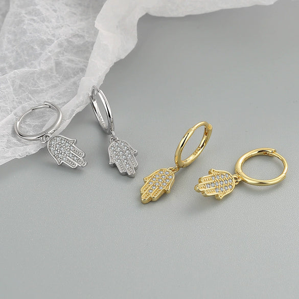 925 Sterling Silver Geometric Palm Drop Earrings With Gold Tone Electroplated Finish And Diamond Accent Ear Buckle Style