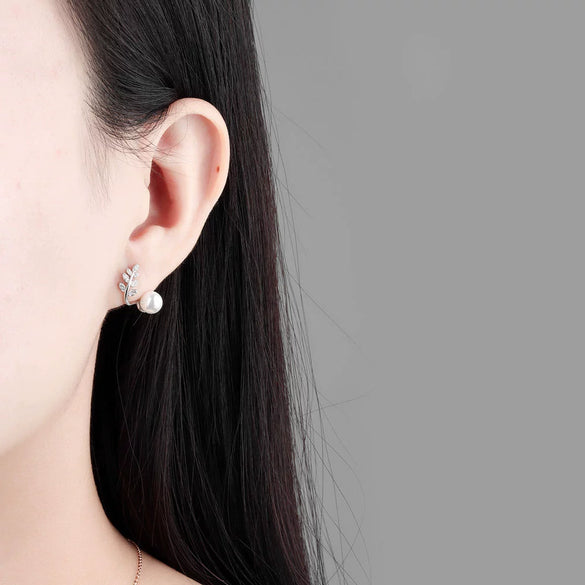 925 Sterling Silver Geometric Pearl Bead Earrings With Electroplated Sprout Design For Women