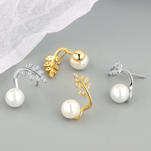 925 Sterling Silver Geometric Pearl Bead Earrings With Electroplated Sprout Design For Women