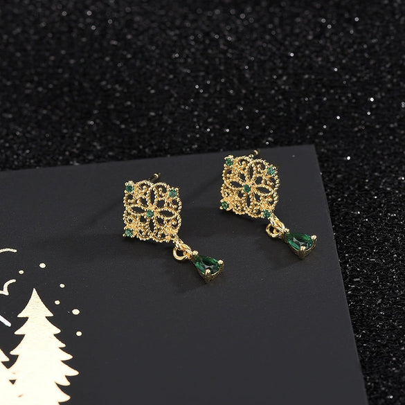 925 Sterling Silver Geometric Retro Earrings With Emerald Details And 14K Gold Electroplated Finish For Women