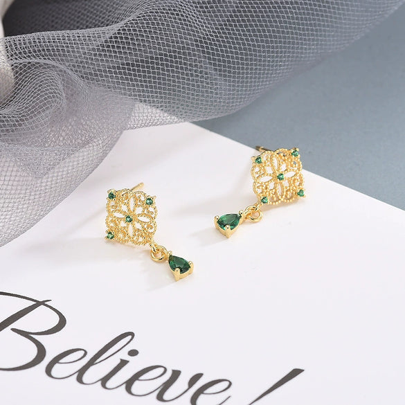 925 Sterling Silver Geometric Retro Earrings With Emerald Details And 14K Gold Electroplated Finish For Women