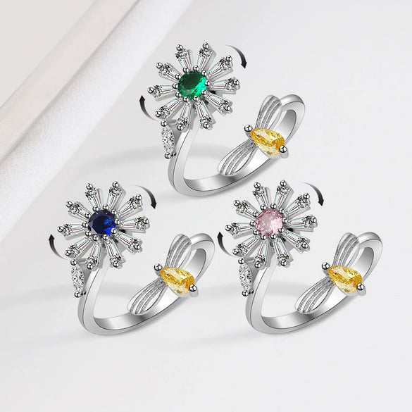 Sterling Silver Geometric Rotating Spinner Ring Electroplated Adjustable Open Band Anxiety Relief Ring For Women