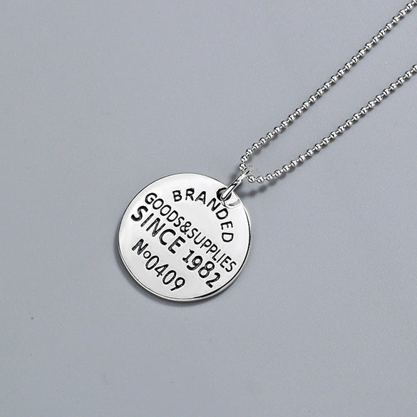 Sterling Silver Geometric Round Tag Pendant Necklace With Ball Chain Electroplated Retro Hip Hop Trendy Jewelry