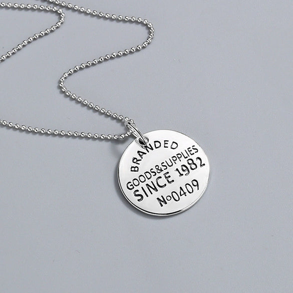 Sterling Silver Geometric Round Tag Pendant Necklace With Ball Chain Electroplated Retro Hip Hop Trendy Jewelry
