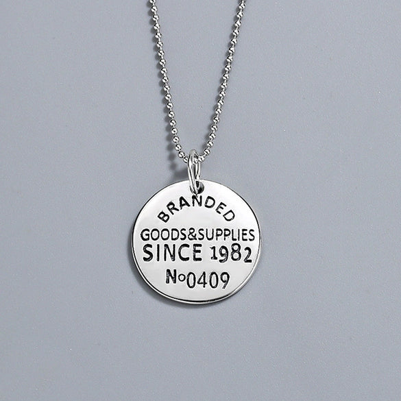 Sterling Silver Geometric Round Tag Pendant Necklace With Ball Chain Electroplated Retro Hip Hop Trendy Jewelry