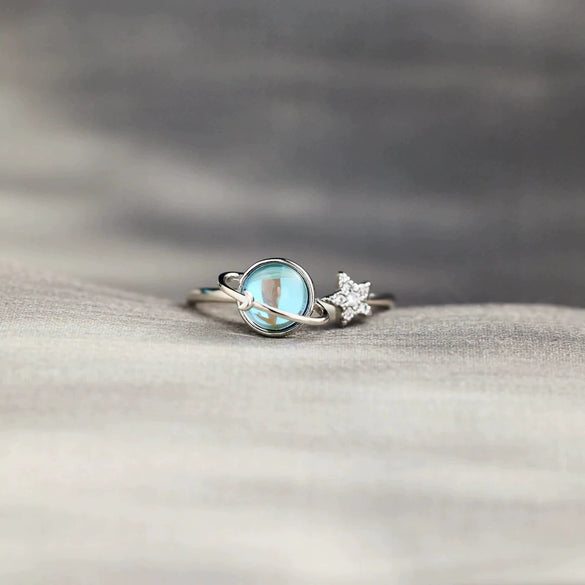 Sterling Silver Geometric Star Moon Earth Ring For Women With Electroplating