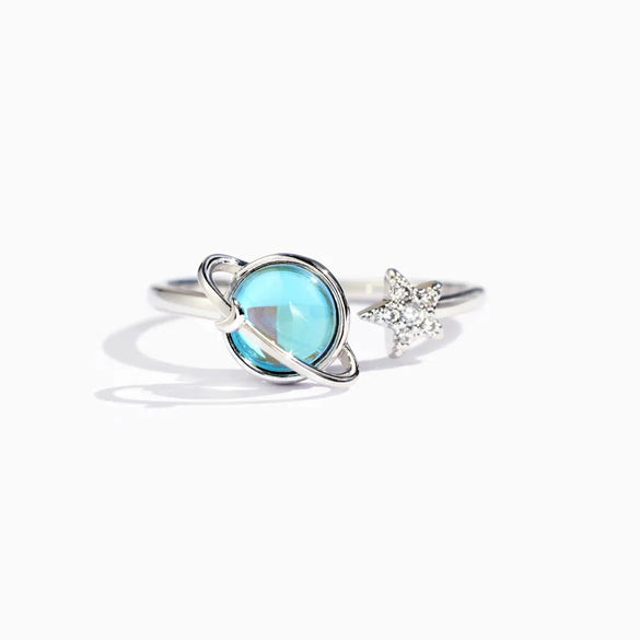 Sterling Silver Geometric Star Moon Earth Ring For Women With Electroplating