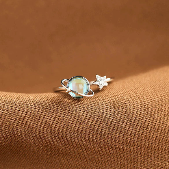 Sterling Silver Geometric Star Moon Earth Ring For Women With Electroplating