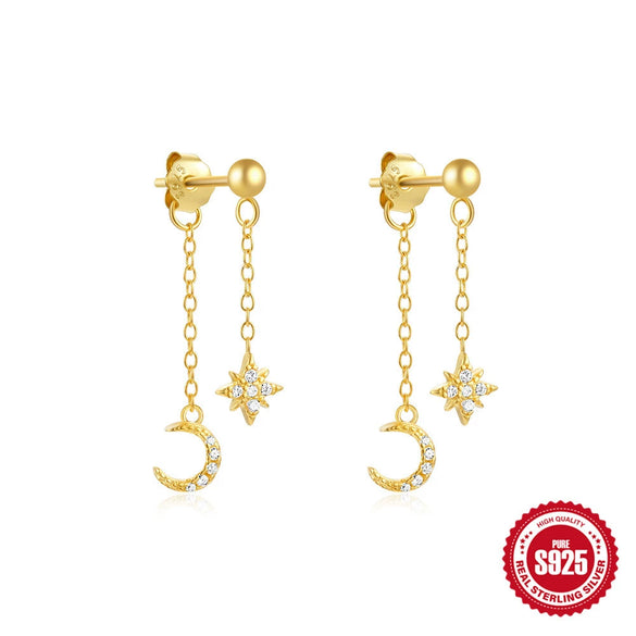 Sterling Silver Geometric Star Moon Tassel Chain Earrings With Electroplating